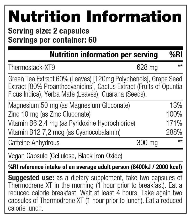 Thermodrene XT — Nutrition Information