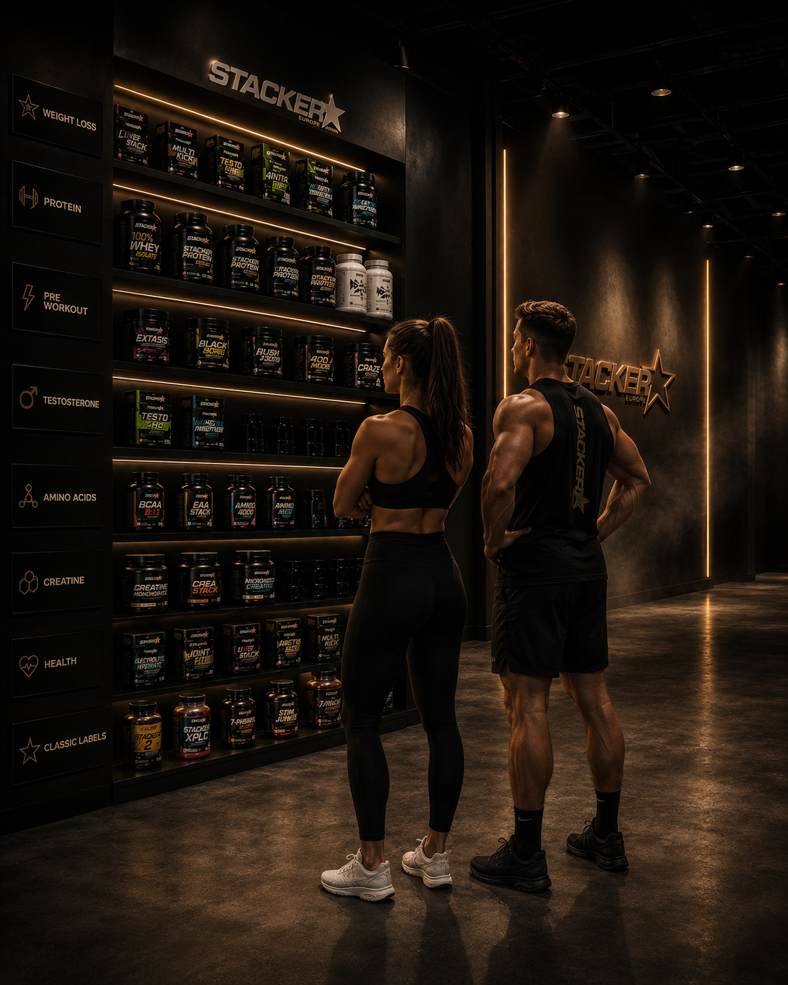 Stacker2 Europe product wall with athletes viewing the range