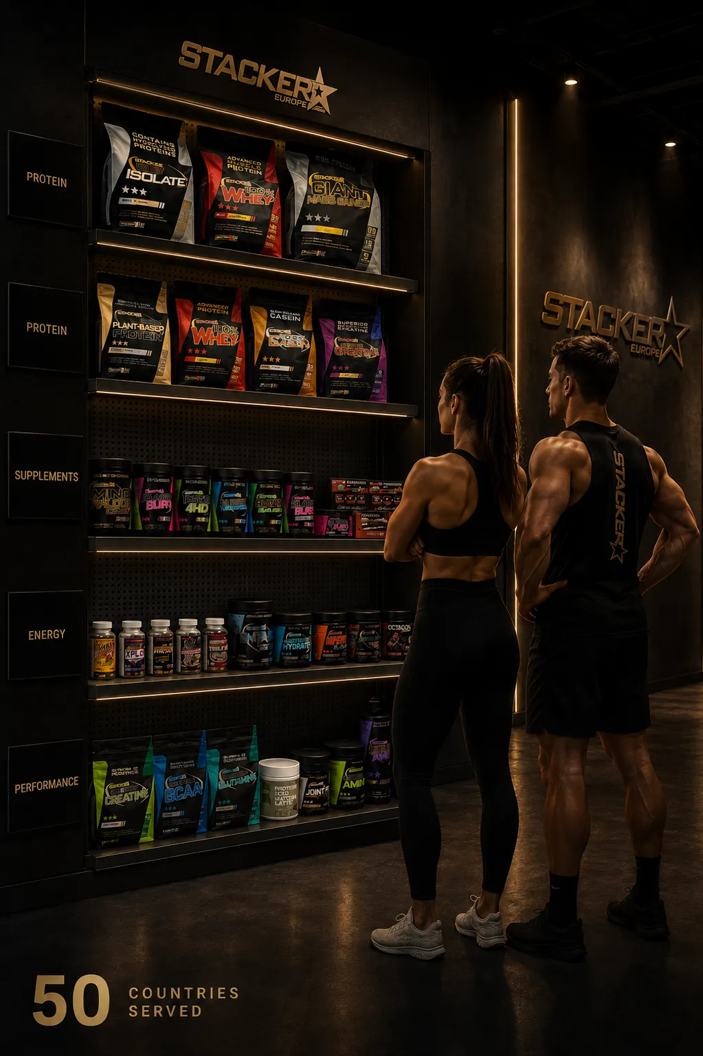 Stacker2 Europe product wall with athletes viewing the range