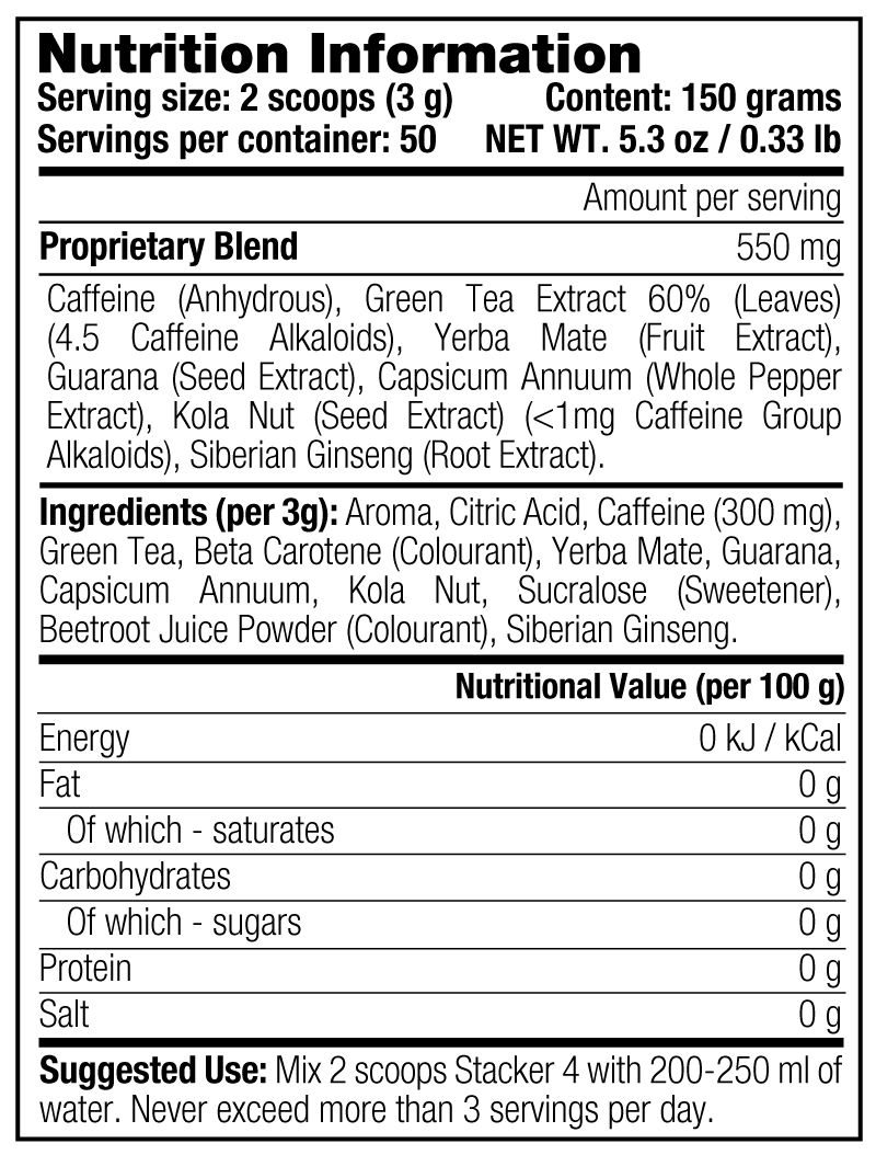 Stacker 4 Powder — Nutrition Information
