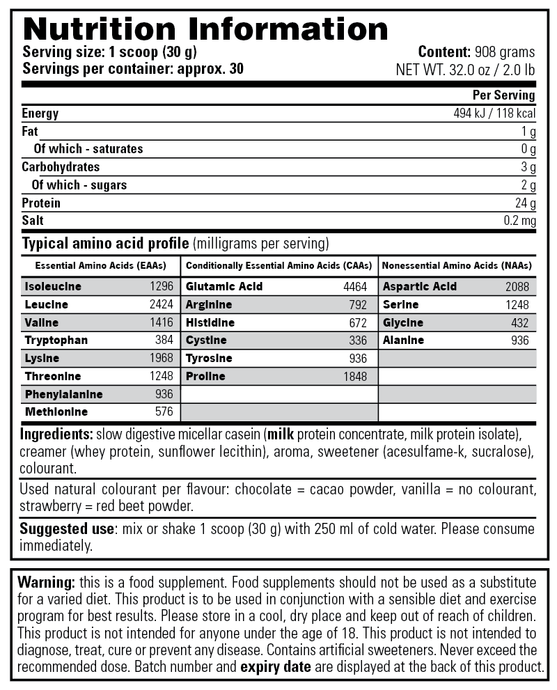 100% Casein - Nutrition Information